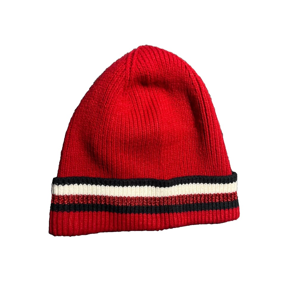 Tommy Hilfiger Red Beanie Hat Ribbed Metallic Stripe Cuff Winter Warm Womens NWT
